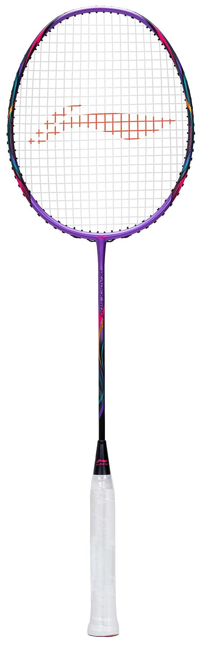 The Li-Ning BladeX 500 3U Badminton Racket - Zircon features a white grip, purple shaft, rounded head with red string markings, and TB Nano Technology for enhanced durability and performance.
