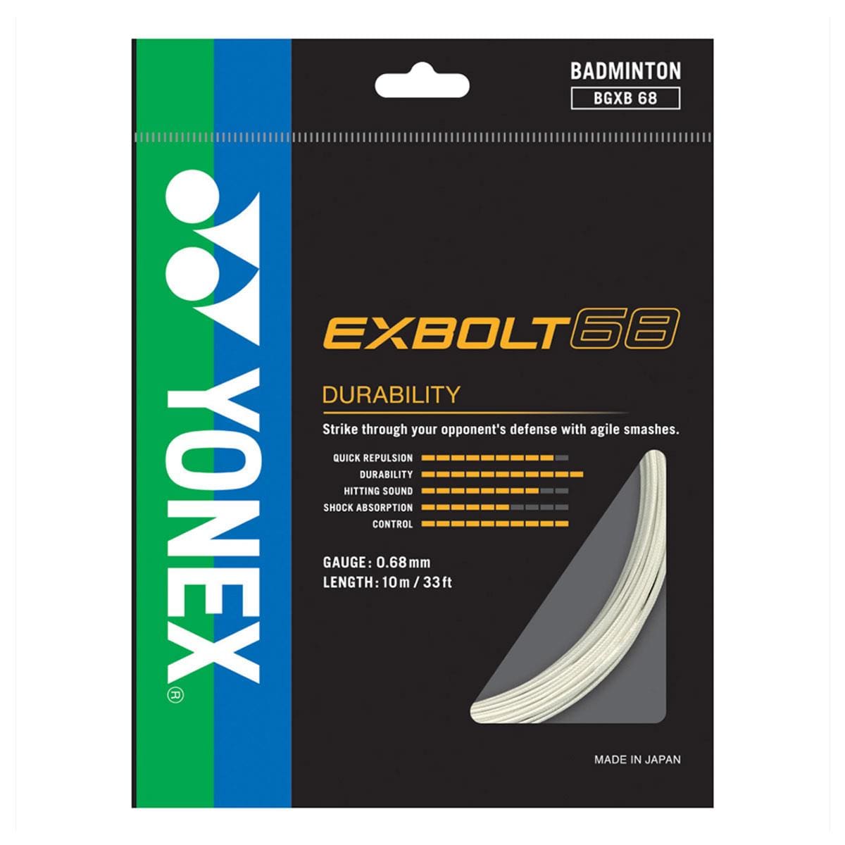 A Yonex Exbolt 68 badminton string package, under the product name "Yonex Exbolt 68 Badminton String White," highlights quick repulsion, smashing power, and control. This 0.68 mm gauge string is designed with FORGED FIBER technology and comes in a 10-meter length. Made in Japan, it ensures durability while featuring a sleek design with green and blue accents.