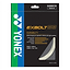 A Yonex Exbolt 68 badminton string package, under the product name "Yonex Exbolt 68 Badminton String White," highlights quick repulsion, smashing power, and control. This 0.68 mm gauge string is designed with FORGED FIBER technology and comes in a 10-meter length. Made in Japan, it ensures durability while featuring a sleek design with green and blue accents.
