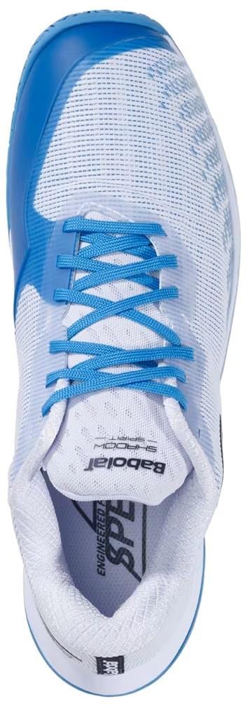 The Babolat Shadow Spirit 2 Men’s Badminton Shoe in white and Algier blue features a mesh upper, light blue laces, "Babolat Speed" insole, blue accents, and a durable Michelin outsole. Brand: Babolat.