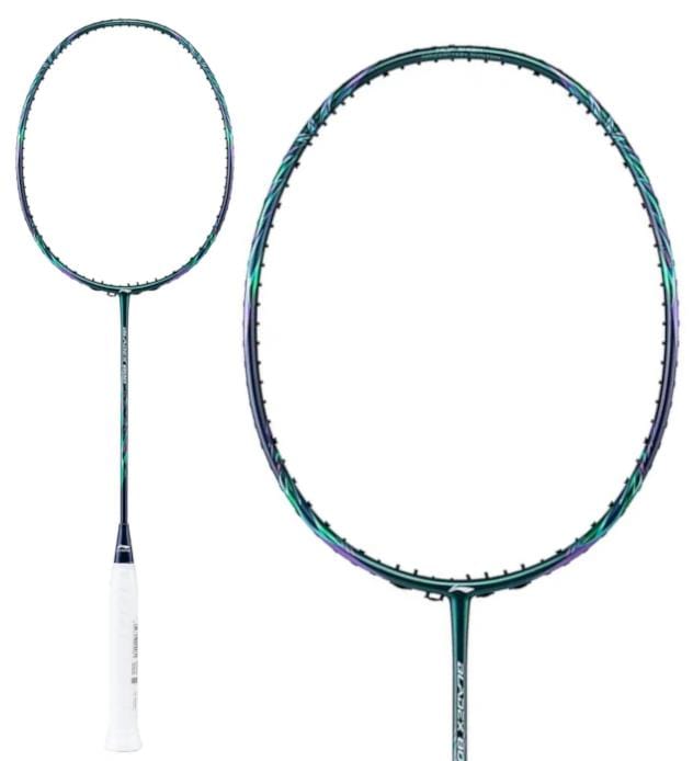 A Li-Ning BladeX 800 4U Badminton Racket in dark green, featuring Swing Weight Technology and a white grip, is displayed fully with a close-up of the racket head against a white background.