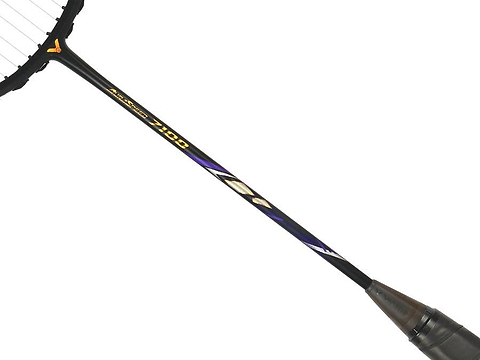 Close-up of the Victor Auraspeed 7100 4U Badminton Racket by Victor, in black, highlighting part of the handle and strings against a white background.