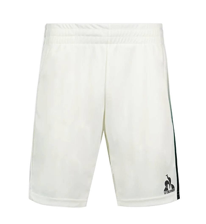 Le Coq Sportif Pro Men's Badminton Shorts in Marshmallow feature a dark green side stripe and black logo on the lower left leg, made from breathable fabric for optimal movement. Displayed against a white background.