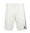 Le Coq Sportif Pro Men's Badminton Shorts in Marshmallow feature a dark green side stripe and black logo on the lower left leg, made from breathable fabric for optimal movement. Displayed against a white background.