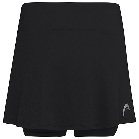 The HEAD Women's Club Basic Badminton Skort in black features a fitted waistband and slight flare at the hem, crafted from Moisture Transfer Microfibre for comfort. It has the Head logo on the bottom right corner, making it ideal for any HEAD Sportswear enthusiast.