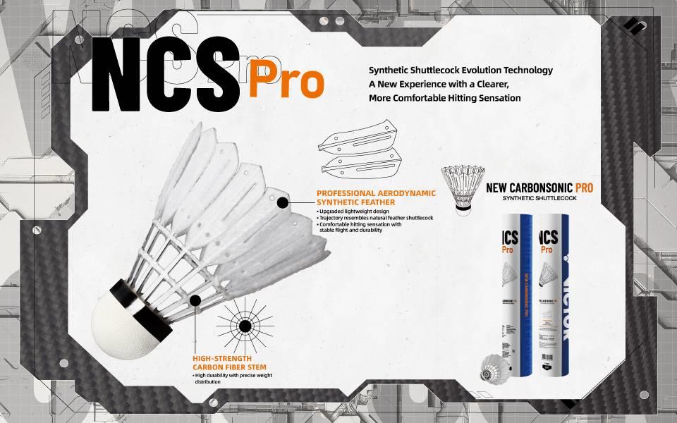 A promotional graphic for the Victor New Carbonsonic PRO NCS Badminton Shuttles (Set of 12), showing product images, technical diagrams, and text highlighting a high-strength stem and pro-level aerodynamic synthetic feathers for top performance.