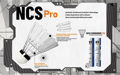 A promotional graphic for the Victor New Carbonsonic PRO NCS Badminton Shuttles (Set of 12), showing product images, technical diagrams, and text highlighting a high-strength stem and pro-level aerodynamic synthetic feathers for top performance.