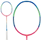The Li-Ning Windstorm 72S 6U Badminton Racket in Neon Pink sports a vibrant frame with a gradient of pink, blue, and green colors, paired with a white grip. Featuring TB Nano Technology, the racket ensures top-notch performance. Displayed on a white background, the strings are not visible in the full and close-up views.