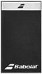 The Babolat Medium Towel - Black / White is ideal for court use, with a black base accented by white borders. Made entirely from cotton, it prominently displays the Babolat logo and name in white at the bottom and features the iconic logo at the top.