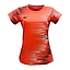 The Yonex YTL7 Women's Badminton T-Shirt in Light Coral is a vibrant athletic top made from moisture-wicking polyester. It features a black geometric pattern, tailored fit, short sleeves, a black logo on the left chest, and a round neckline designed for performance and comfort.