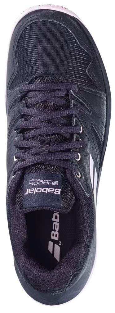 A top view of the Babolat Shadow Team 2 Women's Badminton Shoes in black features white accents, laces, a padded collar, and "Babolat" branding on the tongue.