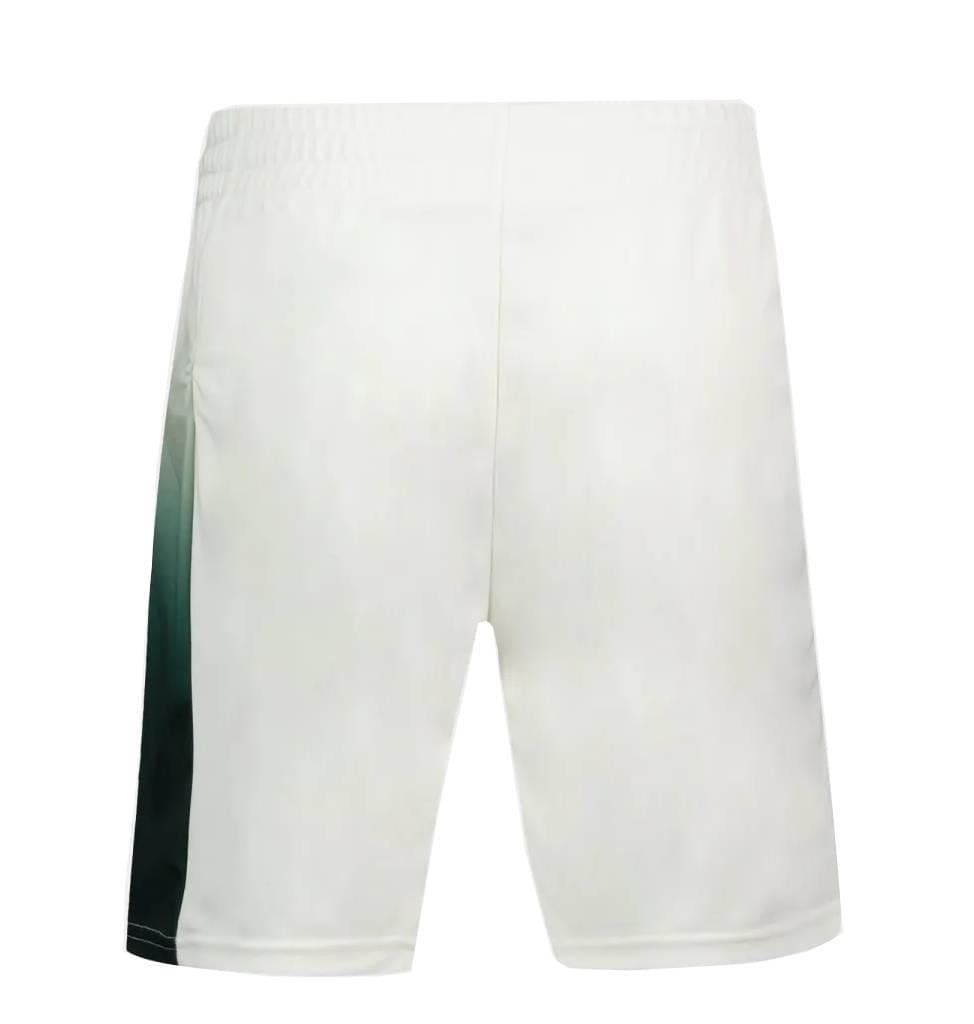 Back view of Le Coq Sportif Pro Mens Badminton Shorts in Marshmallow, featuring an elastic waistband, dark green gradient on the left side, and breathable fabric for dryness during intense play.