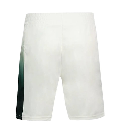 Back view of Le Coq Sportif Pro Mens Badminton Shorts in Marshmallow, featuring an elastic waistband, dark green gradient on the left side, and breathable fabric for dryness during intense play.