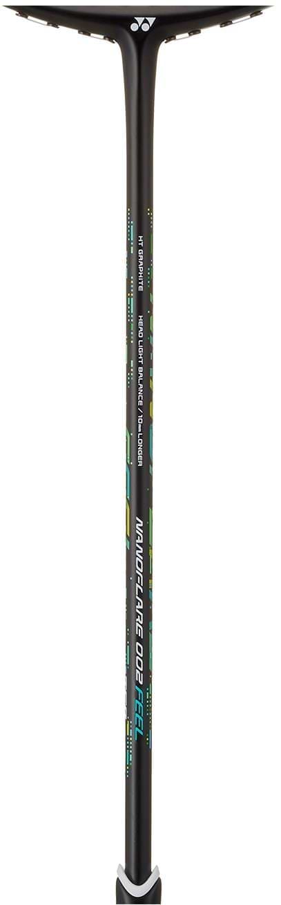 The Yonex Nanoflare 002 Feel 4U Badminton Racket in black/green features head light balance, colorful accents, and "NANOFLARE 002 FEEL" on the shaft, displayed against a white background.