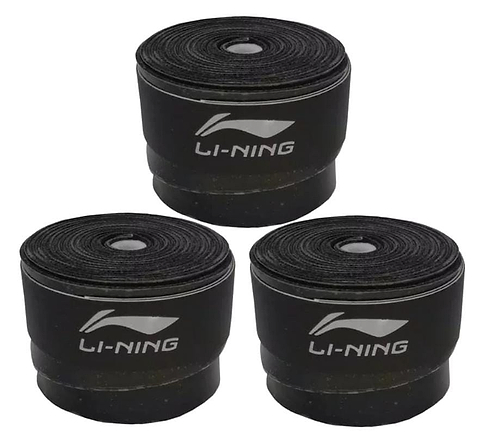 The Li-Ning Badminton Overgrip (3 Pack) in black is rolled up in cylindrical shapes, arranged in a triangular formation. Each super tacky tape prominently displays the Li-Ning brand logo, providing an absorbent grip for enhanced performance.