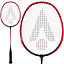 The Karakal CB-2 2.1 Junior Badminton Racket, available in black and red from the renowned brand Karakal, boasts an aluminium head with white strings arranged in a striking geometric pattern. The main image highlights the isometric head, complemented by a smaller side view that showcases the handle and shaft.