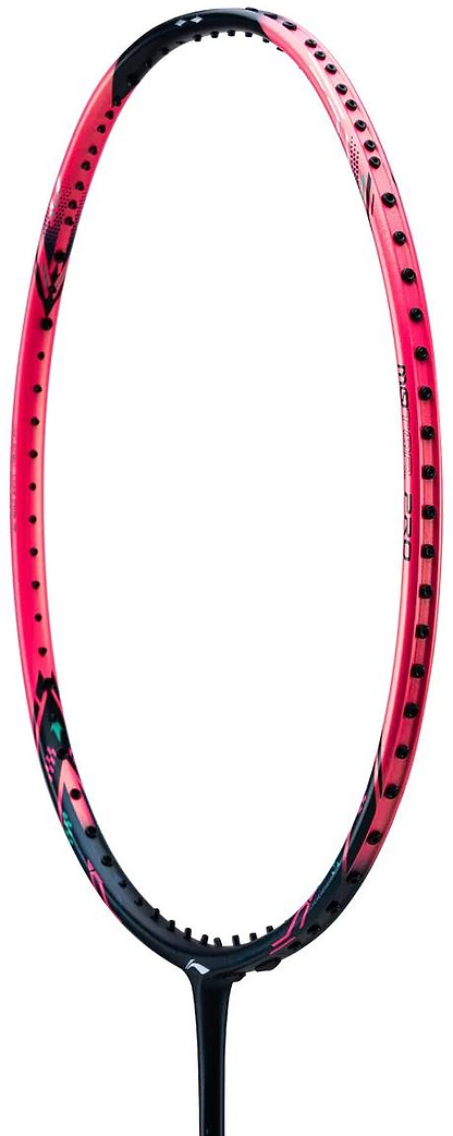 A close-up of the Li-Ning Halbertec Motor Pro 5U Badminton Racket in black and pink, featuring a high-modulus graphite frame shown vertically without strings or branding against a white background.