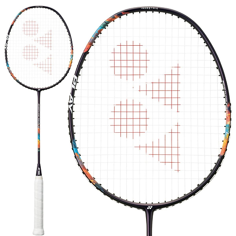 A Yonex Nanoflare 700 Play 4U Badminton Racket in Midnight Purple, featuring a white grip and Yonex's red triangular logo on the strings, is shown in both full view and a close-up of the head.