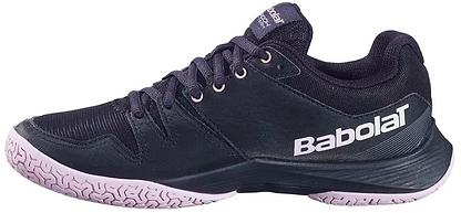 The Babolat Shadow Team 2 Women's Badminton Shoes in black feature a pink textured sole and white side logo—ideal for indoor courts.