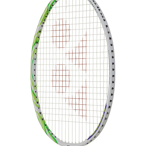 A close-up of the Yonex Astrox 100 ZZ VA Viktor Axelsen Badminton Racket in greyish beige, featuring Yonex branding, set against a white background.