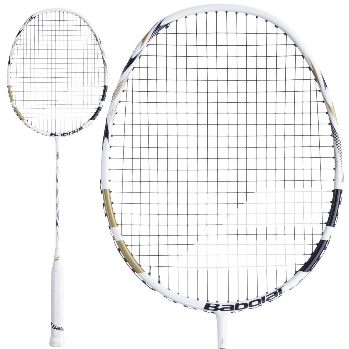 The Babolat Prime 2026 Badminton Racket in white and gold is shown, featuring images of the full racket and a close-up of the head and strings—perfect for anyone seeking a lightweight option from Babolat.