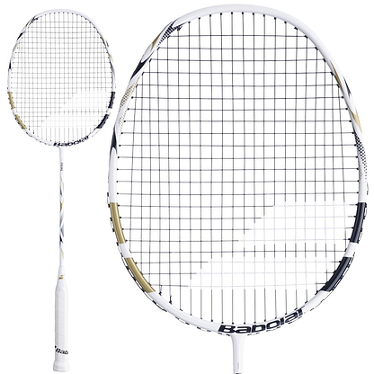The Babolat Prime 2026 Badminton Racket in white and gold is shown, featuring images of the full racket and a close-up of the head and strings—perfect for anyone seeking a lightweight option from Babolat.