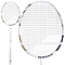 The Babolat Prime 2026 Badminton Racket in white and gold is shown, featuring images of the full racket and a close-up of the head and strings—perfect for anyone seeking a lightweight option from Babolat.