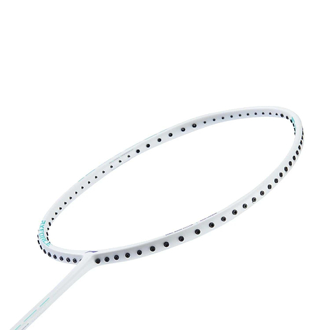 Close-up of the Li-Ning Axforce 10 4U Badminton Racket - Pearl White (Strung), featuring black string holes and a head-heavy balance, shown against a plain white background.