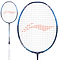 The Li-Ning Axforce 90 Dragon Max 4U Badminton Racket features a white and blue frame and comes equipped with a white stringed head, enhanced by red design accents. Ideal for advanced players, it includes a comfortable white grip on the handle.