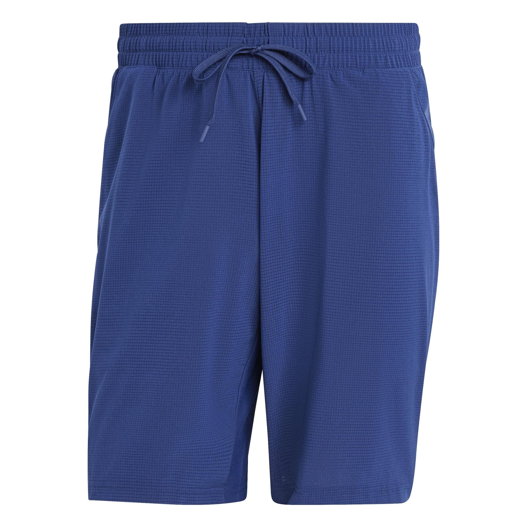 The ADIDAS Ergo Men's Badminton Shorts in navy feature an elastic waistband with adjustable drawstring. Made from recycled materials, they boast a subtle textured pattern for breathable, lightweight comfort.