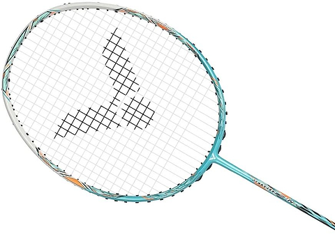 A green Victor Jetspeed S 12TD R 4U badminton racket with the Victor logo on the strings, featuring an Aero-Sword frame, is shown diagonally with the handle pointing to the bottom right.