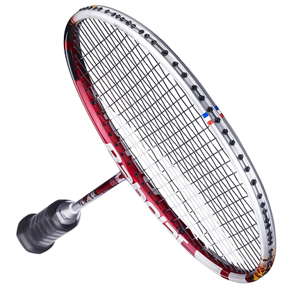 A close-up of the Babolat X-Feel Origin 2026 3U Badminton Racket in Silver/Red with black strings and grip, perfect for intermediate to advanced players, shown against a white background.