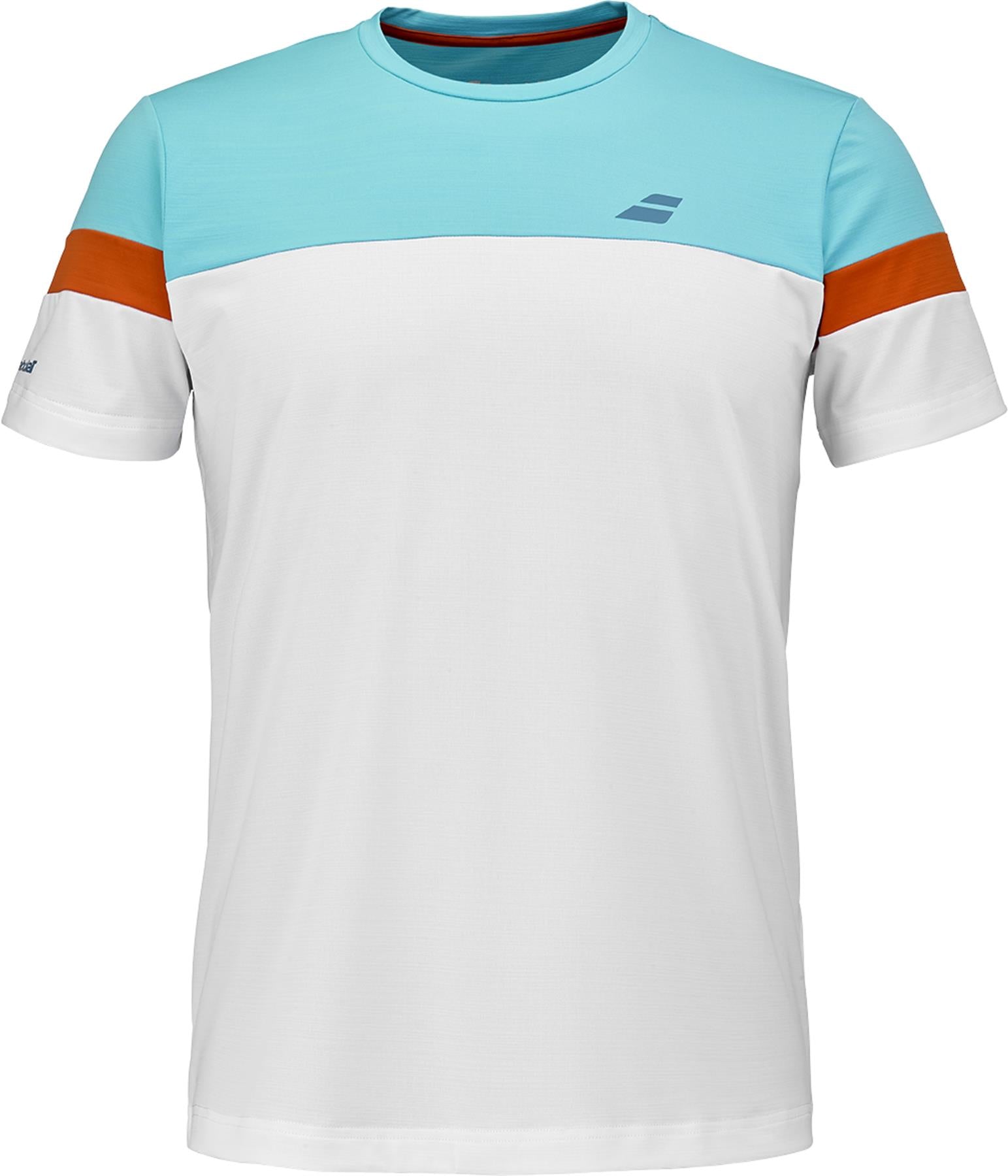 The Babolat Crew Neck Men's Badminton T-Shirt in white features a light blue upper chest and shoulders, orange sleeve bands, a blue logo on the left chest, and offers stylish comfort for badminton.