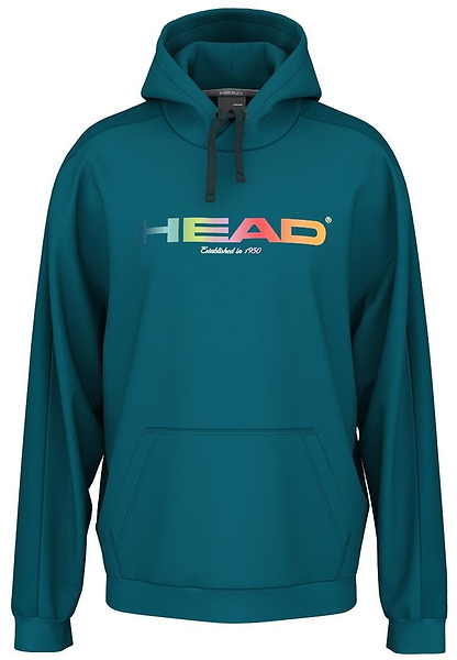 The HEAD Rally Mens Badminton Hoodie - TE features colorful branding across the chest with "Established in 1950" in white underneath. Made from French terry, it includes a kangaroo pocket and black drawstrings for added style.
