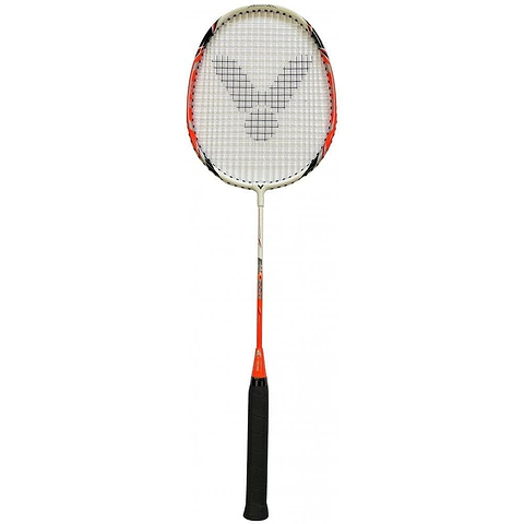 The Victor AL650 Junior Badminton Racket by Victor features an aluminium head and a white and orange frame. Its strings showcase a unique black grid pattern that forms a "V," while the handle is wrapped in black grip tape for enhanced control.
