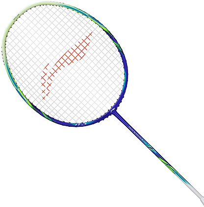 The Li-Ning Windstorm 72 Power 6U Badminton Racket features a lightweight purple frame, white strings with a red logo, a slim shaft, and advanced TB Nano Technology for enhanced performance in a modern, athletic design.