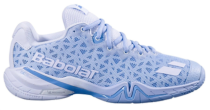 The Babolat Shadow 4 Womens Badminton Shoes - Snow Blue feature a light blue and white mesh upper, branded side logo, and patterned sole designed for athletic performance.