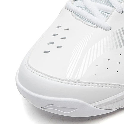 Close-up of the Li-Ning Sonic Boom Unisex Badminton Shoes - White, showing toe and side details with decorative perforations, white stitching, and silver accents for stability and protection, presented on a white background.