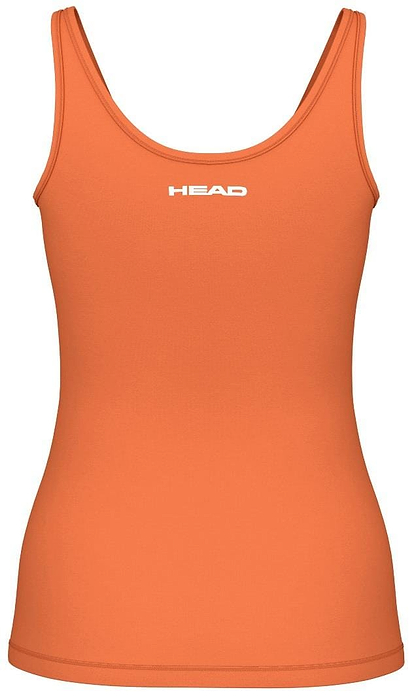 The HEAD Spirit II Women's Badminton Tank Top - CN is an orange sleeveless top with a round neckline and "HEAD" printed in white on the chest. Featuring Cooling Technology for comfort and Moisture Transfer Microfiber to keep you dry, it's perfect for athletic activities.