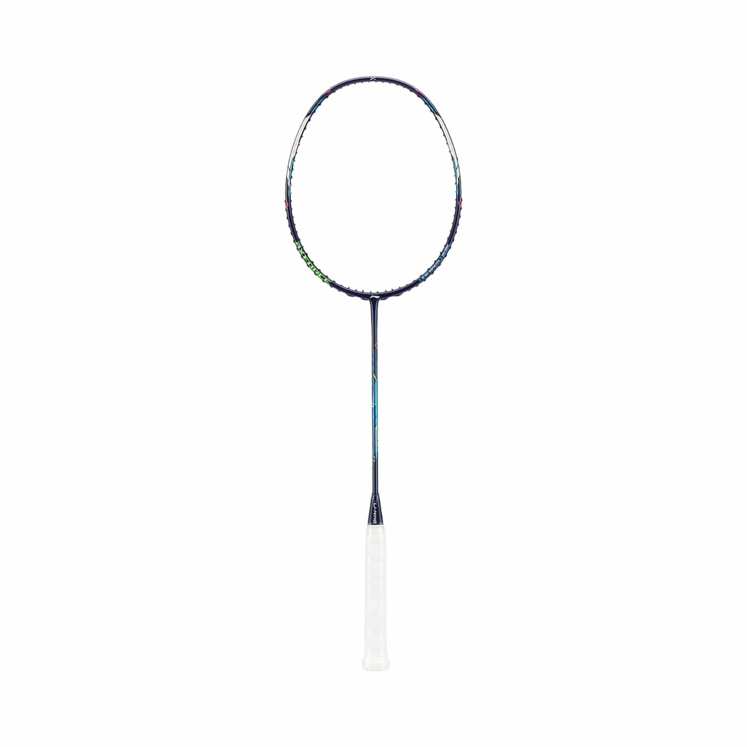 The Li-Ning Axforce Cannon Pro 4U Badminton Racket, with its sleek blue frame and white handle, is engineered for power and precision. Set against a plain white background, it features an advanced shock absorption system to elevate your gameplay experience.