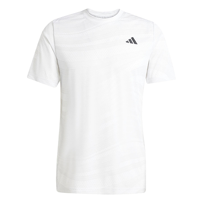 The adidas Mens Club Graphic Badminton T-Shirt in white/grey features a small black logo on the left chest and is made from moisture-wicking fabric, shown against a white background.