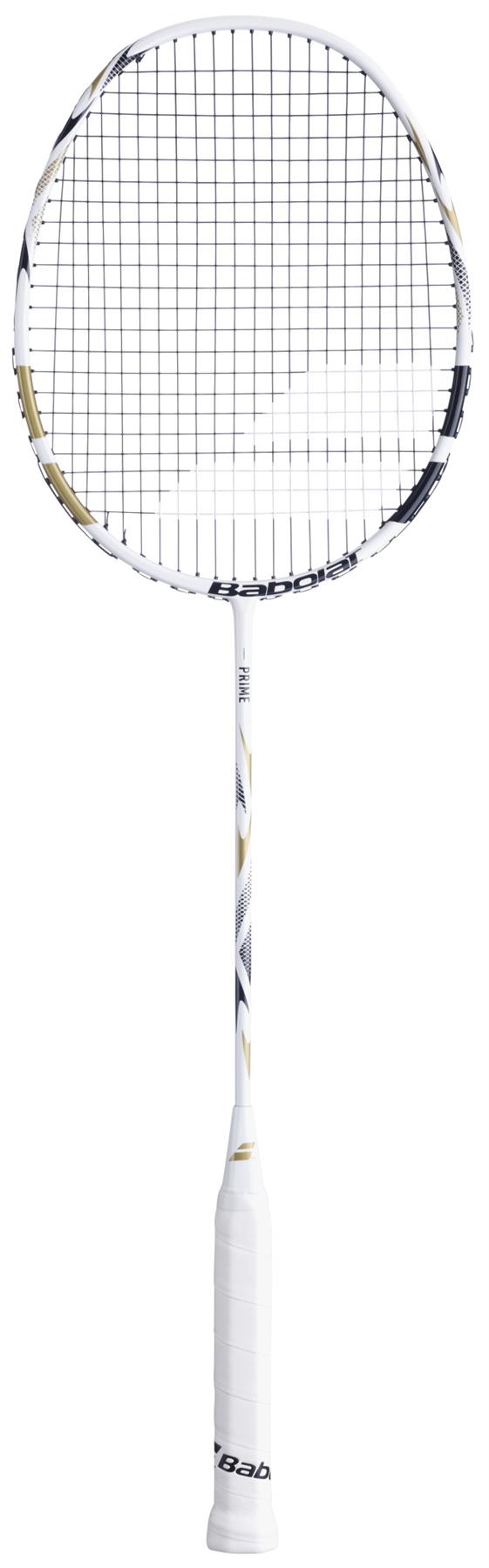 The Babolat Prime 2026 Badminton Racket in white and gold features a lightweight frame and white grip, making it an ideal choice for beginners.