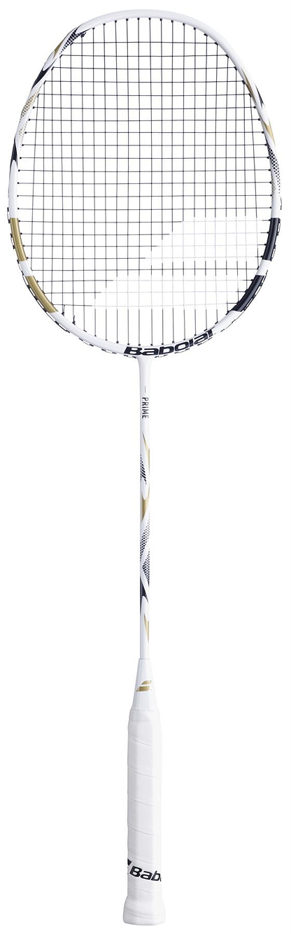 The Babolat Prime 2026 Badminton Racket in white and gold features a lightweight frame and white grip, making it an ideal choice for beginners.