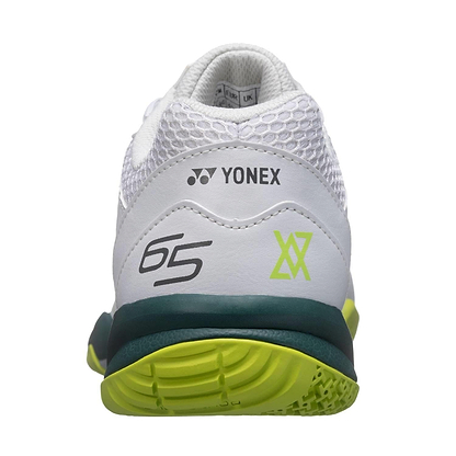 A close-up rear view of Yonex Power Cushion 65X4 Viktor Axelsen Badminton Shoes in White/Lime, showing mesh detail, green-yellow sole, "65" and Yonex logos on the back.