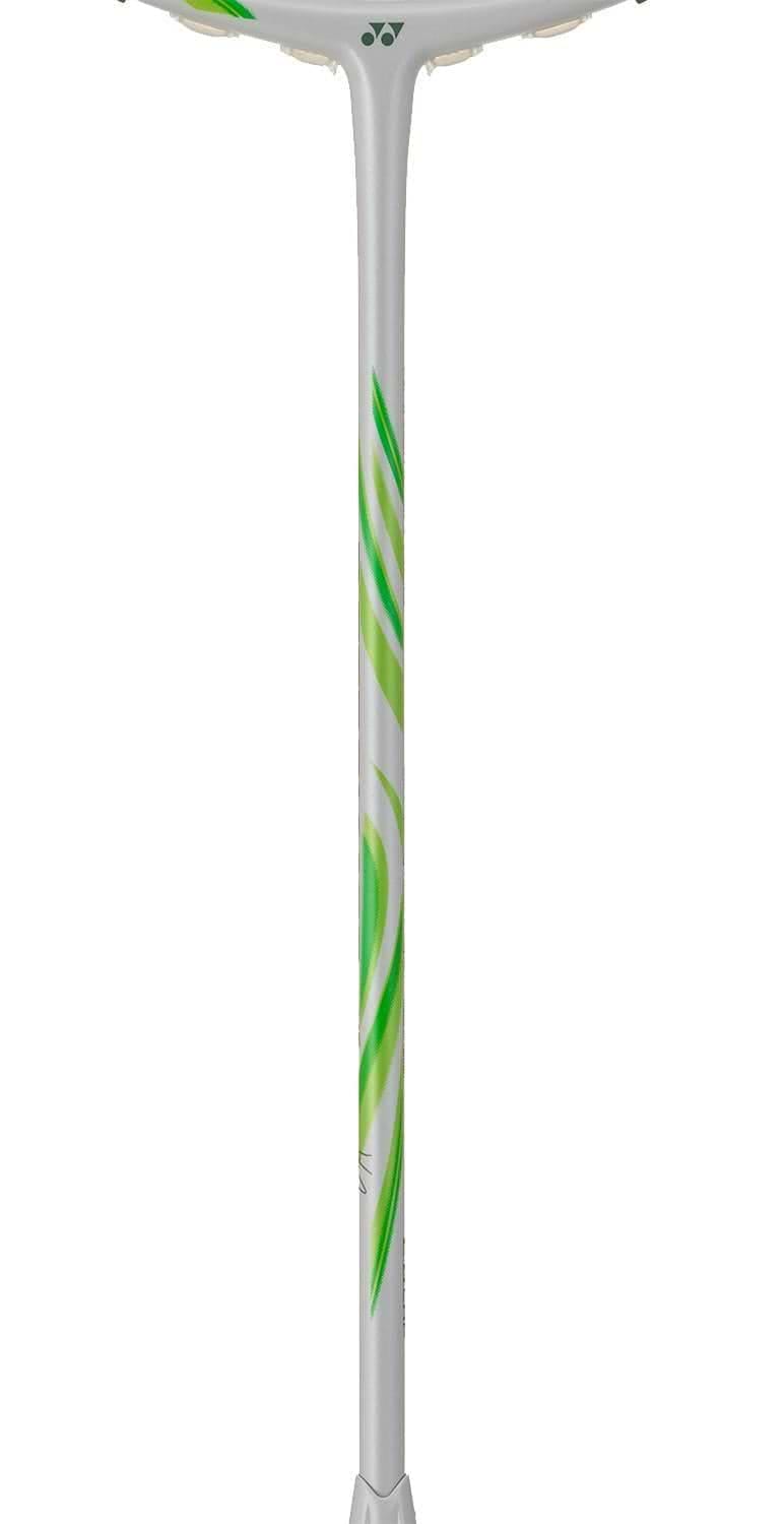 A close-up of the Yonex Astrox 100 Game VA Viktor Axelsen 4U Badminton Racket (Greyish Beige) shaft by Yonex, set against a white background with green and light green curved design lines—Viktor Axelsen Signature edition.