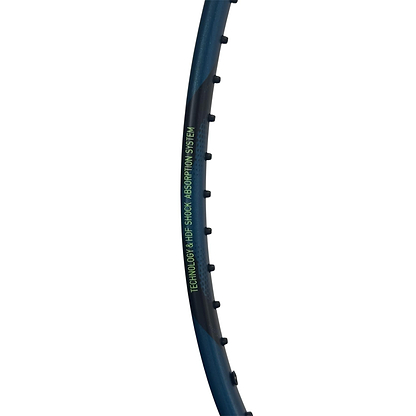 Close-up side view of the Li-Ning Halbertec 9000 Power Badminton Racket - Black / Silver, showing black string grommets and green "TECHNOLOGY & HI-SHOCK ABSORPTION SYSTEM" text, highlighting its advanced Li-Ning design.