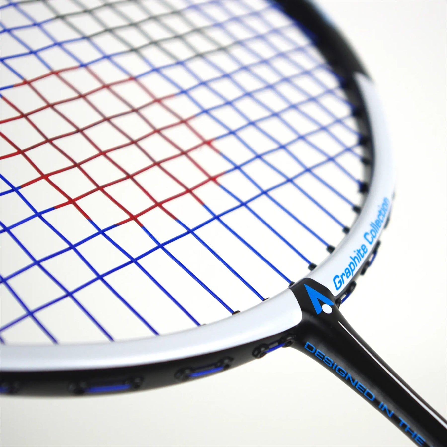 The Karakal Black Zone BZ 50 2.1 badminton racket features a black and blue design, with a white frame and blue/red strings. The handle is black, and "Fast Fibre Graphite Collection" is visible on the Isometric square head of the frame.