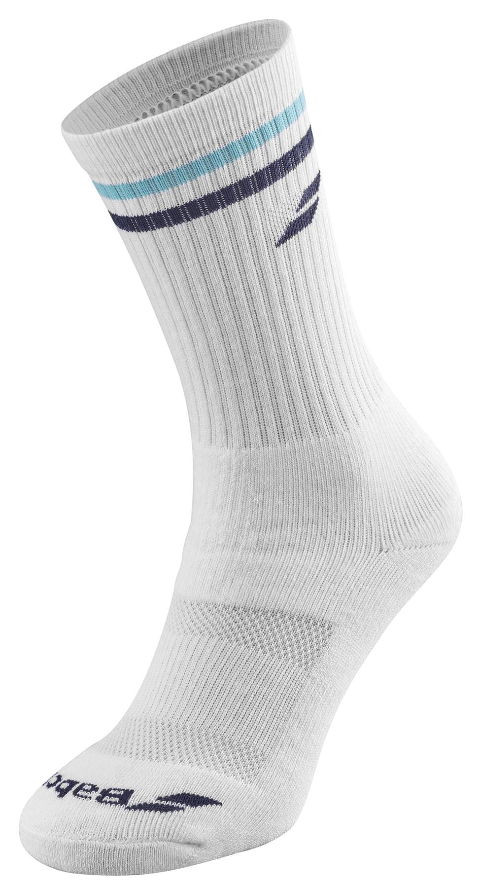 Product Description: The Babolat Men's Team Single Badminton Sock in White and Estate Blue combines a vintage style with modern design. Featuring a ribbed texture, it showcases blue stripes near the top and includes the iconic Babolat logo on both the side and toe areas.