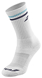 Product Description: The Babolat Men's Team Single Badminton Sock in White and Estate Blue combines a vintage style with modern design. Featuring a ribbed texture, it showcases blue stripes near the top and includes the iconic Babolat logo on both the side and toe areas.