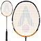 Close-up of the Karakal Black Zone BZ 30 2.1 Badminton Racket, featuring a black and orange frame and isometric head with a stylized "A" logo design on the strings. The black handle includes a grip. Another angle of this Karakal racket is visible in the background.